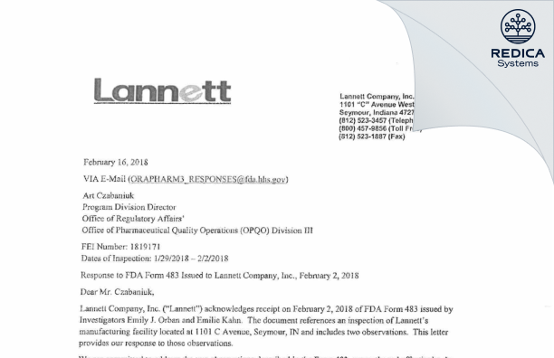 FDA 483 Response - Lannett Company, Inc. [Seymour / United States of America] - Download PDF - Redica Systems