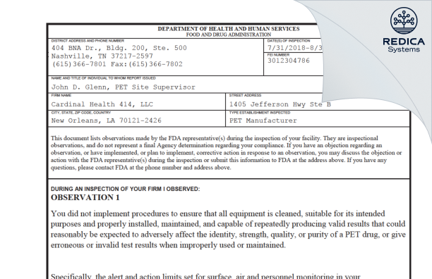 FDA 483 - Cardinal Health 414, LLC [New Orleans / United States of America] - Download PDF - Redica Systems
