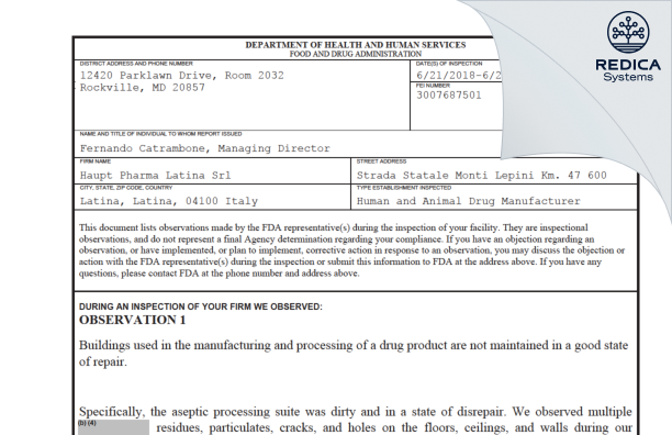 FDA 483 - Haupt Pharma Latina S.r.l. [- / Italy] - Download PDF - Redica Systems