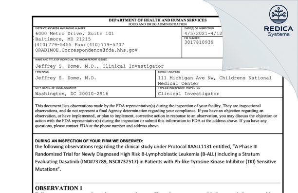 FDA 483 - Jeffrey S. Dome, M.D. [Washington / United States of America] - Download PDF - Redica Systems