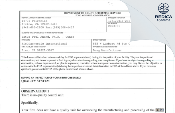 FDA 483 - BioDiagnostic International [Brea / United States of America] - Download PDF - Redica Systems