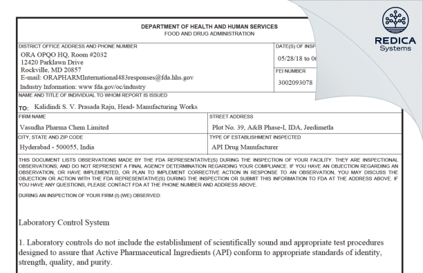 FDA 483 - Vasudha Pharma Chem Limited [India / India] - Download PDF - Redica Systems