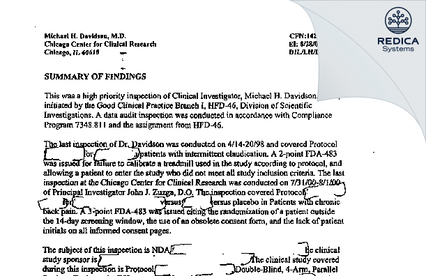 EIR - Davidson, Michael H., M.D. [Chicago / United States of America] - Download PDF - Redica Systems