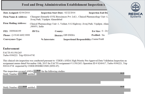EIR - Clinogent (formerly GVK Biosciences Pvt. Ltd.) [Ahmedabad / India] - Download PDF - Redica Systems