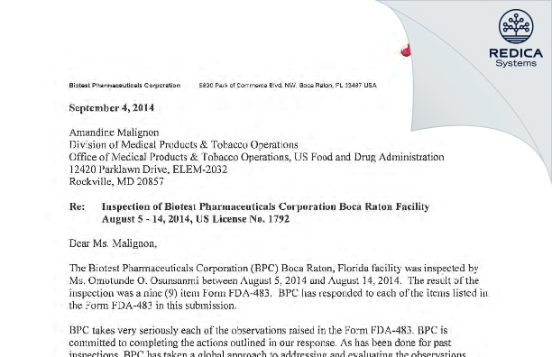 FDA 483 Response - ADMA Biologics, Inc [Boca Raton / United States of America] - Download PDF - Redica Systems
