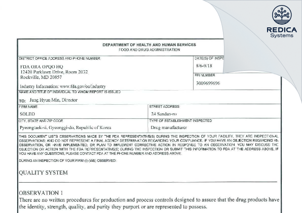 FDA 483 - Soleo [- / -] - Download PDF - Redica Systems