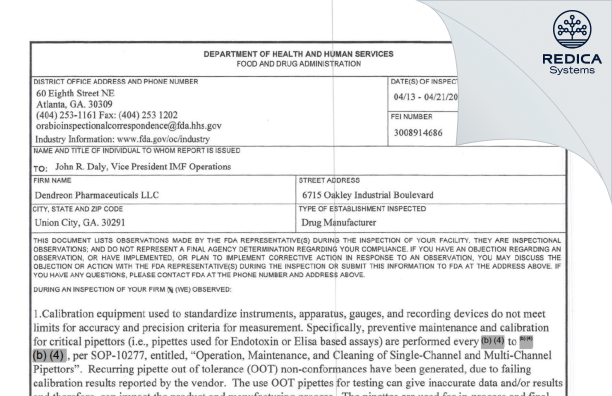 FDA 483 - Dendreon Pharmaceuticals LLC [Union City / United States of America] - Download PDF - Redica Systems