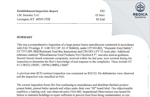 EIR - J.M. Smucker LLC [Lexington / United States of America] - Download PDF - Redica Systems