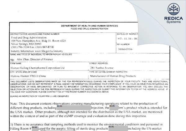 FDA 483 - Hainan Hailing Chemipharma Corporation Limited [China / China] - Download PDF - Redica Systems