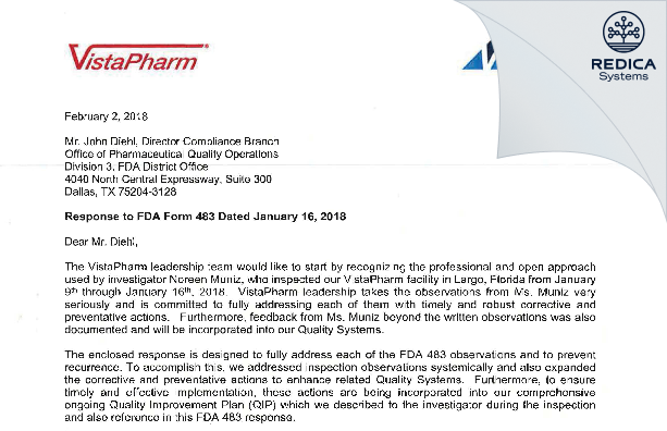 FDA 483 Response - VistaPharm, LLC [Largo / United States of America] - Download PDF - Redica Systems