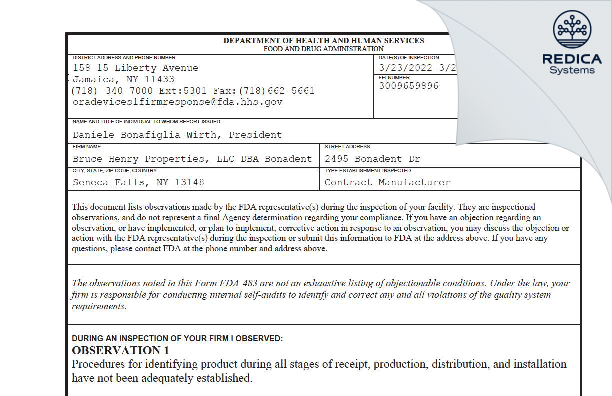 FDA 483 - Bruce Henry Properties, LLC DBA Bonadent [Seneca Falls / United States of America] - Download PDF - Redica Systems