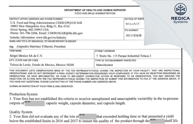 FDA 483 - Selgel México, S.A. de C.V. [Mexico / Mexico] - Download PDF - Redica Systems