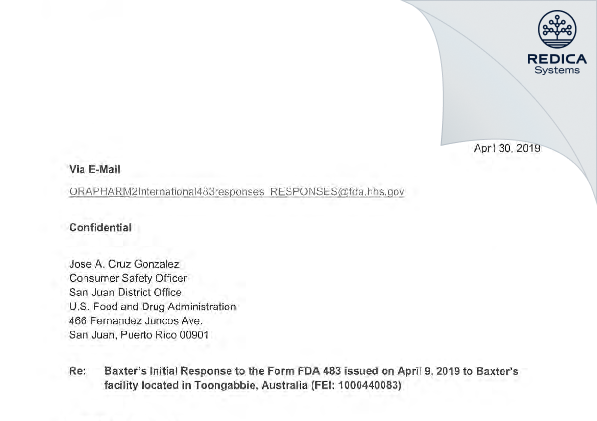 FDA 483 Response - Baxter Healthcare Pty Ltd [- / Australia] - Download PDF - Redica Systems
