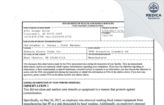 FDA 483 - Advance Pierre Foods Inc [West Chester / United States of America] - Download PDF - Redica Systems