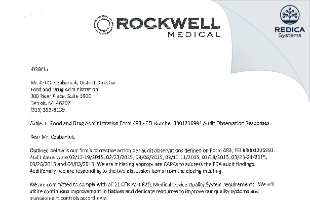 FDA 483 Response - Rockwell Medical, Inc [Wixom / United States of America] - Download PDF - Redica Systems
