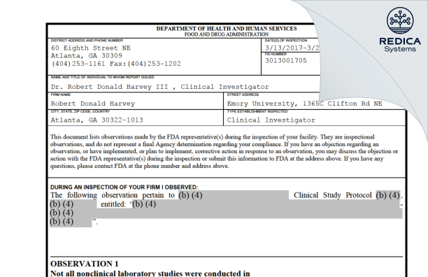 FDA 483 - Robert Donald Harvey [Atlanta / United States of America] - Download PDF - Redica Systems