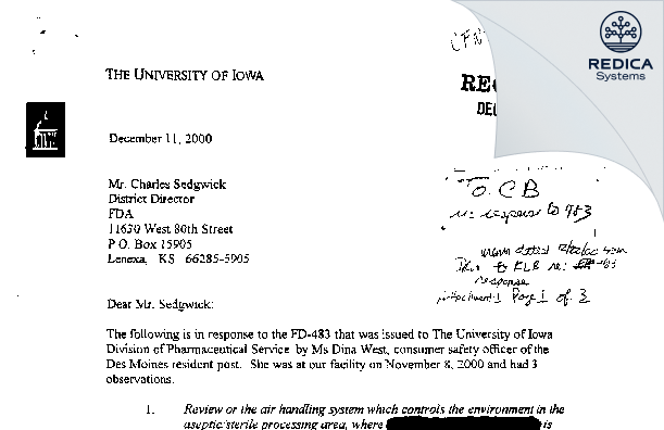 FDA 483 Response - University of Iowa Pharmaceuticals [Iowa City / United States of America] - Download PDF - Redica Systems