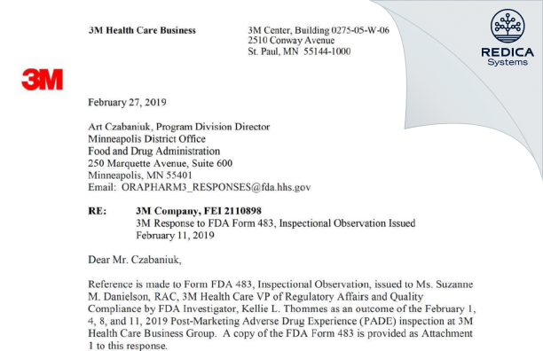 FDA 483 Response - 3M Company - Health Care Business [Saint Paul / United States of America] - Download PDF - Redica Systems