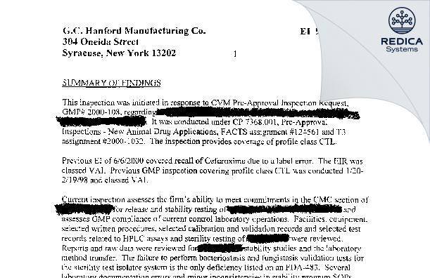 EIR - GC Hanford Manufacturing Company [York / United States of America] - Download PDF - Redica Systems