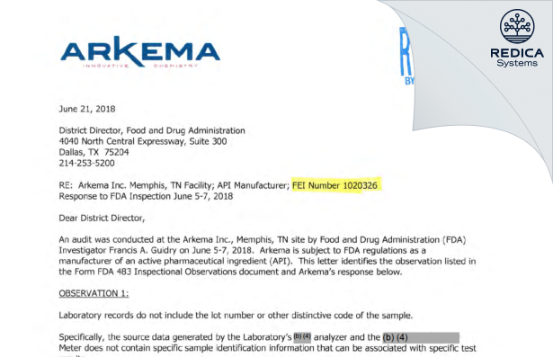 FDA 483 Response - Arkema, Inc. [Memphis / United States of America] - Download PDF - Redica Systems