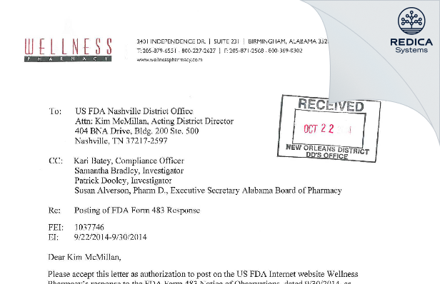 FDA 483 Response - Wellness Pharmacy, Inc. [Birmingham / United States of America] - Download PDF - Redica Systems