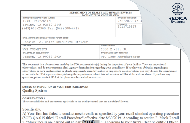 FDA 483 - VMP Cosmetics, LLC [Vernon / United States of America] - Download PDF - Redica Systems