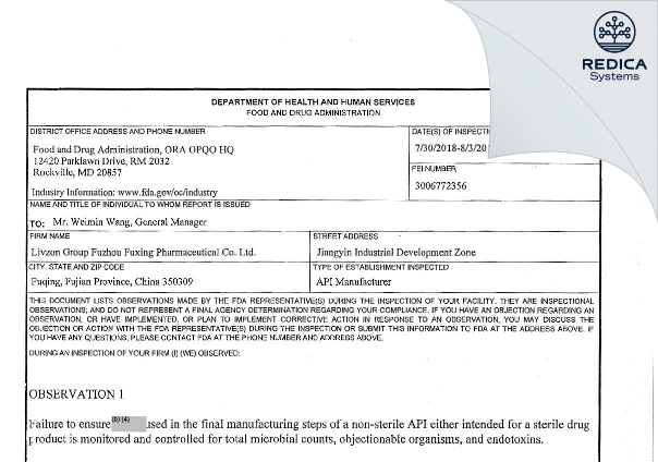 FDA 483 - Livzon Group Fuzhou Fuxing Pharmaceutical Co., Ltd. [China / China] - Download PDF - Redica Systems