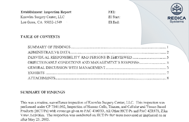 EIR - Knowles Surgery Center, LLC [Los Gatos / United States of America] - Download PDF - Redica Systems