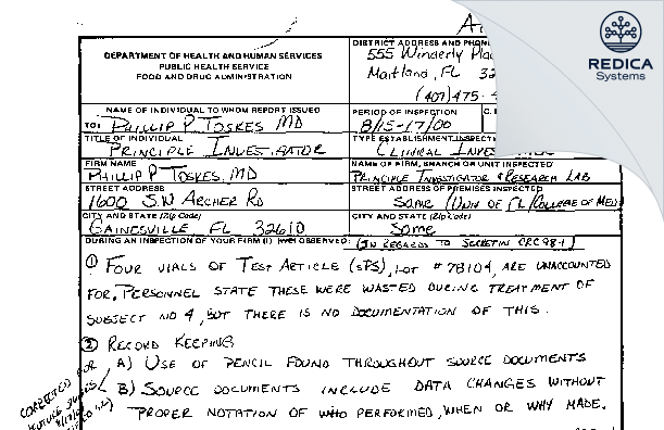 FDA 483 - Philip Toskes, M.D. [Gainesville / United States of America] - Download PDF - Redica Systems