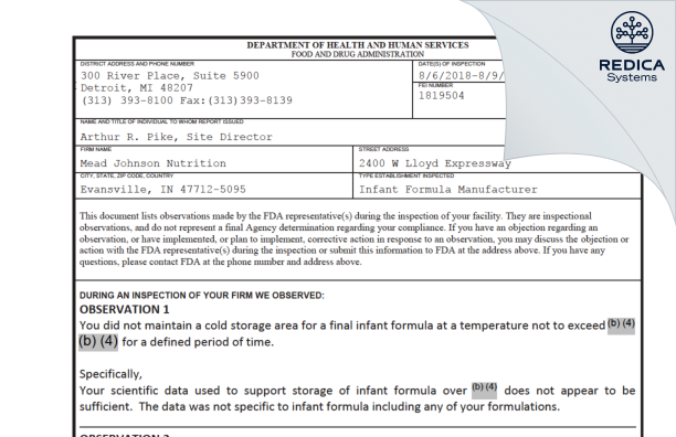 FDA 483 - Mead Johnson & Company, LLC [Evansville / United States of America] - Download PDF - Redica Systems