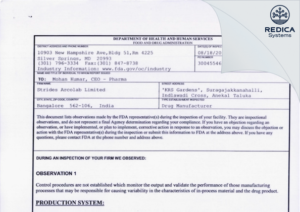 FDA 483 - Strides Pharma Science Limited [Bengaluru / India] - Download PDF - Redica Systems