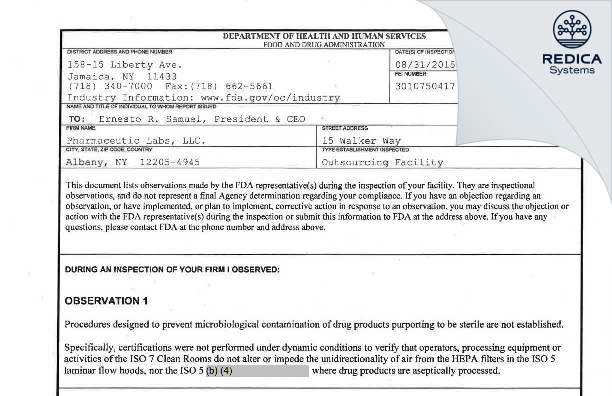 FDA 483 - Pharmaceutic Labs, LLC [Albany New York / United States of America] - Download PDF - Redica Systems