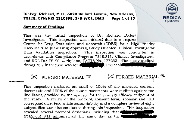 EIR - Dickey, Richard R, Dr. [New Orleans / United States of America] - Download PDF - Redica Systems