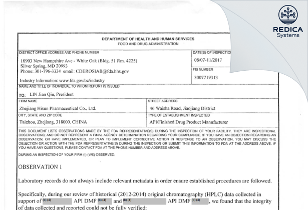 FDA 483 - Zhejiang Hisun Pharmaceutical Co., Ltd. [China / China] - Download PDF - Redica Systems