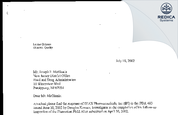 FDA 483 Response - Ivax Pharmaceuticals Inc [Northvale / United States of America] - Download PDF - Redica Systems