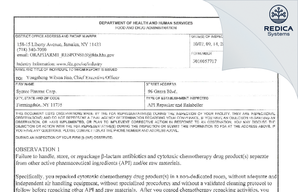 FDA 483 - Syntec Pharma Corp. [New York / United States of America] - Download PDF - Redica Systems