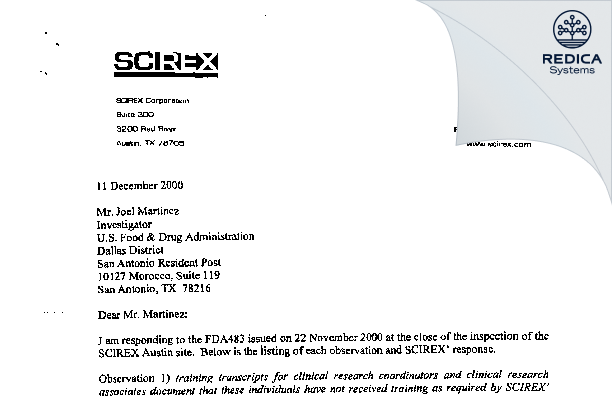 FDA 483 Response - Scirex Corp [Austin / United States of America] - Download PDF - Redica Systems