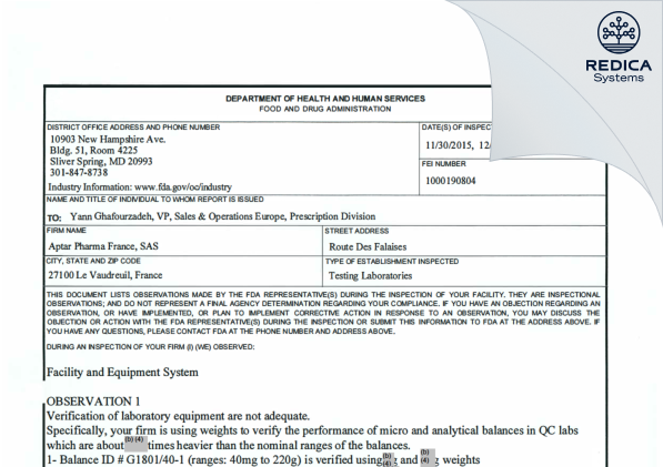 FDA 483 - Aptar France SAS [France / France] - Download PDF - Redica Systems