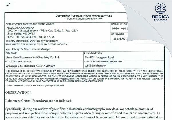 FDA 483 - Jinan Jinda Pharmaceutical Chemistry Co. Ltd [Providence / China] - Download PDF - Redica Systems
