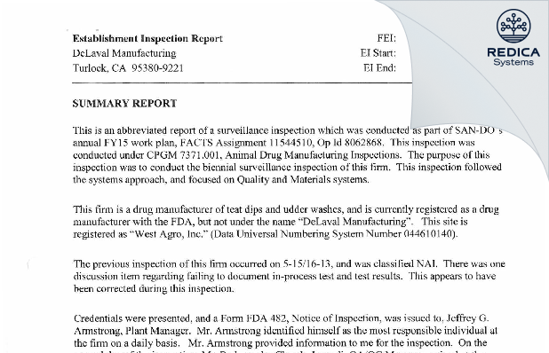 EIR - West Agro, Inc. [Turlock California / United States of America] - Download PDF - Redica Systems