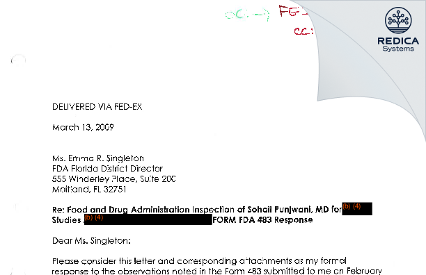 FDA 483 Response - Punjwani Sohail S., MD [Lauderhill / United States of America] - Download PDF - Redica Systems