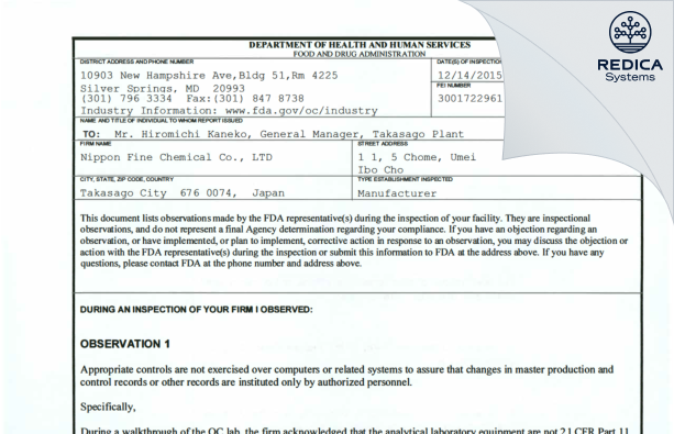 FDA 483 - NIPPON FINE CHEMICAL CO.,LTD [Hyogo / Japan] - Download PDF - Redica Systems