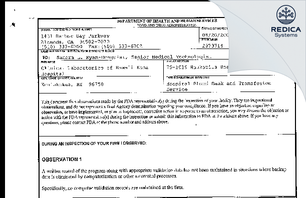 FDA 483 - Clinical Laboratories of Hawaii Kona Hospital [Kealakekua / United States of America] - Download PDF - Redica Systems