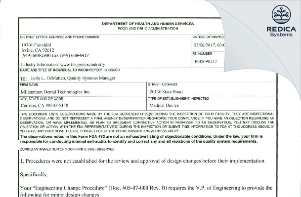 FDA 483 - Millennium Dental Technologies Inc [Cerritos / United States of America] - Download PDF - Redica Systems