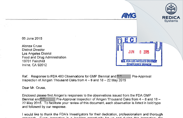 FDA 483 Response - Amgen, Inc [Thousand Oaks / United States of America] - Download PDF - Redica Systems