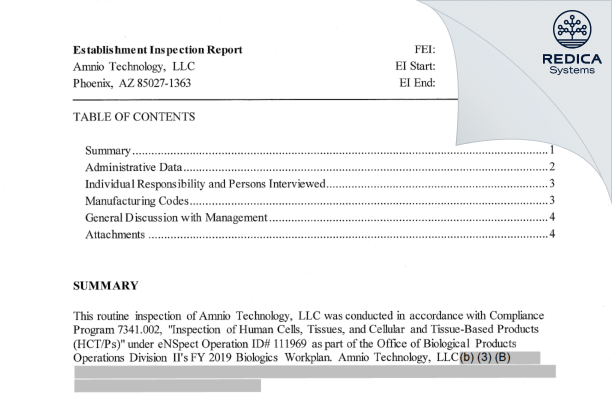 EIR - Amnio Technology, LLC [Phoenix / United States of America] - Download PDF - Redica Systems