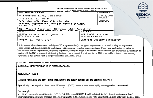 FDA 483 - Alcami Corporation [Edison / United States of America] - Download PDF - Redica Systems