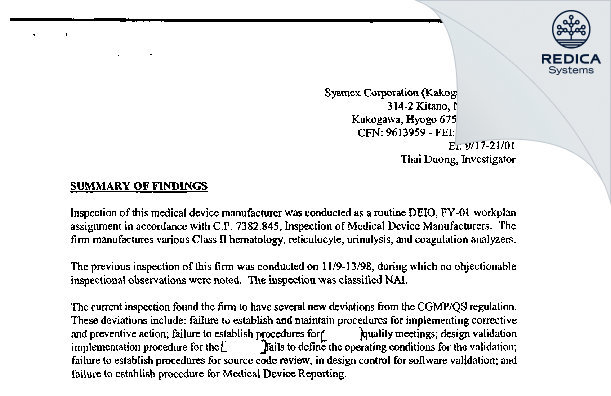 EIR - Sysmex Corporation [Kobe / Japan] - Download PDF - Redica Systems