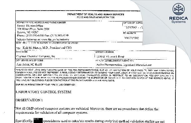 FDA 483 - Cayman Chemical Company, Inc. [Ann Arbor Michigan / United States of America] - Download PDF - Redica Systems