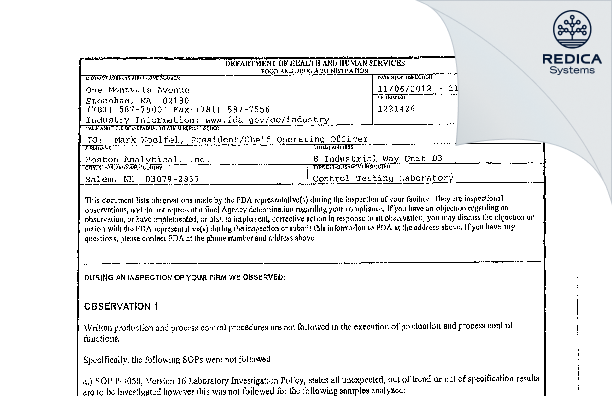 FDA 483 - Boston Analytical [Salem / United States of America] - Download PDF - Redica Systems